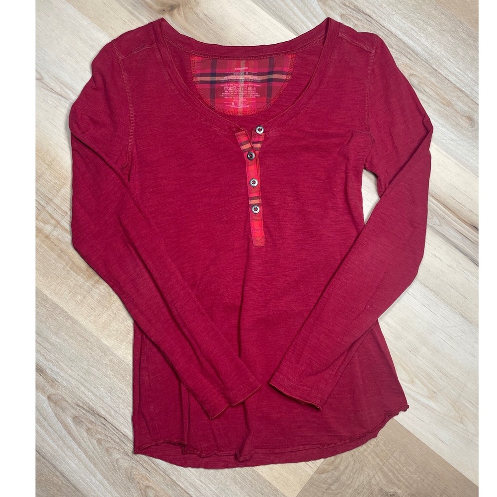 Patagonia Womens Red Organic Cotton Tencel Henley Long Sleeve Top M